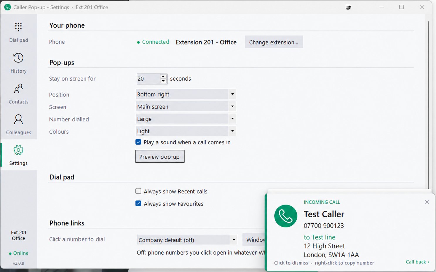 iJen-IT&rsquo;s own custom-built softphone pop-up showing an incoming call